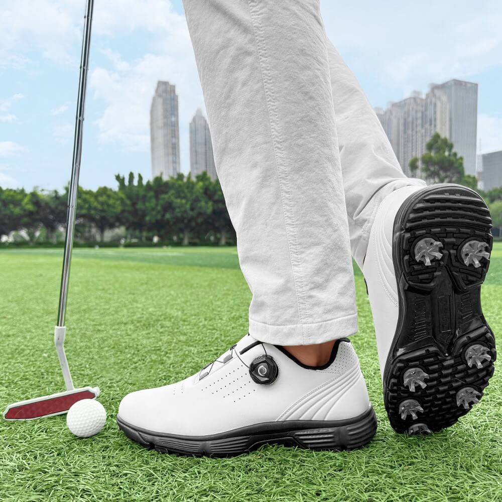 breathable golf shoes with precision dial lacing system white black