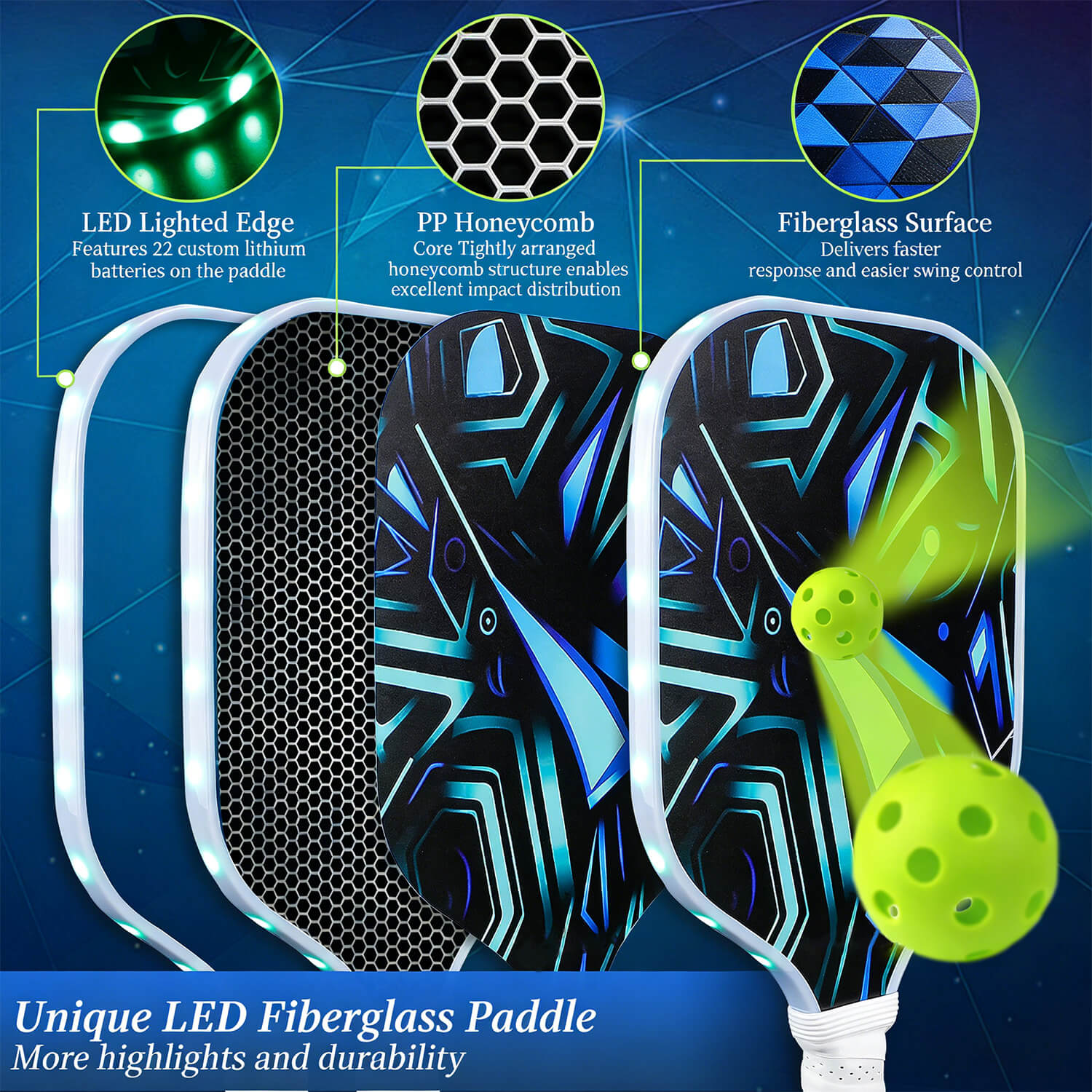 LED Pickleball Paddles Set of 2 – Lightweight Rackets with LED Edge Lighting