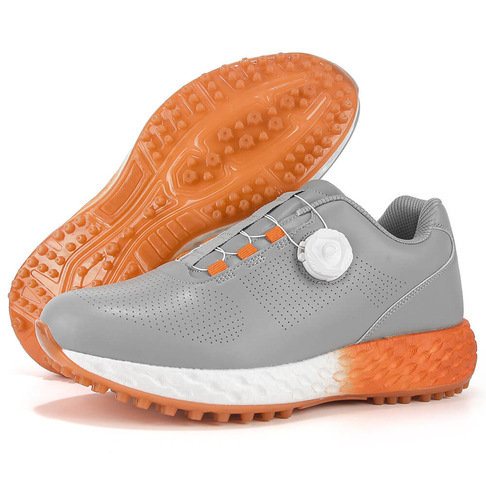 men's breathable lightweight spikeless golf shoes orange outsole side view