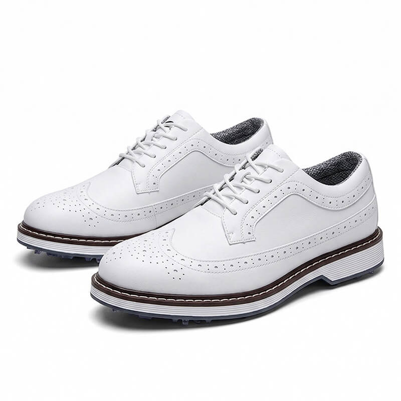 Mevolen Men's Wingtip Spiked Golf Shoes White1