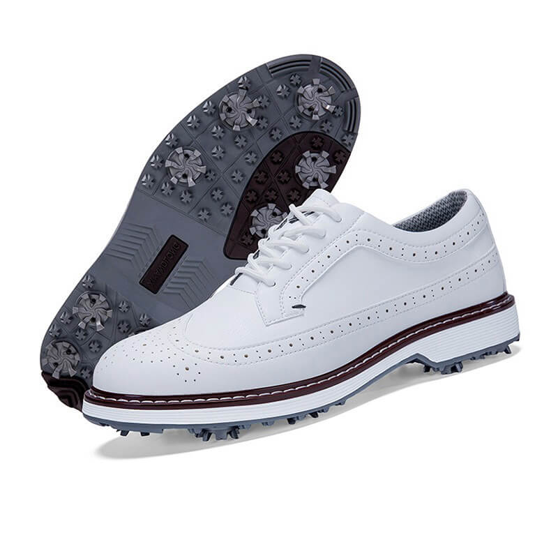 Mevolen Men's Wingtip Spiked Golf Shoes White3