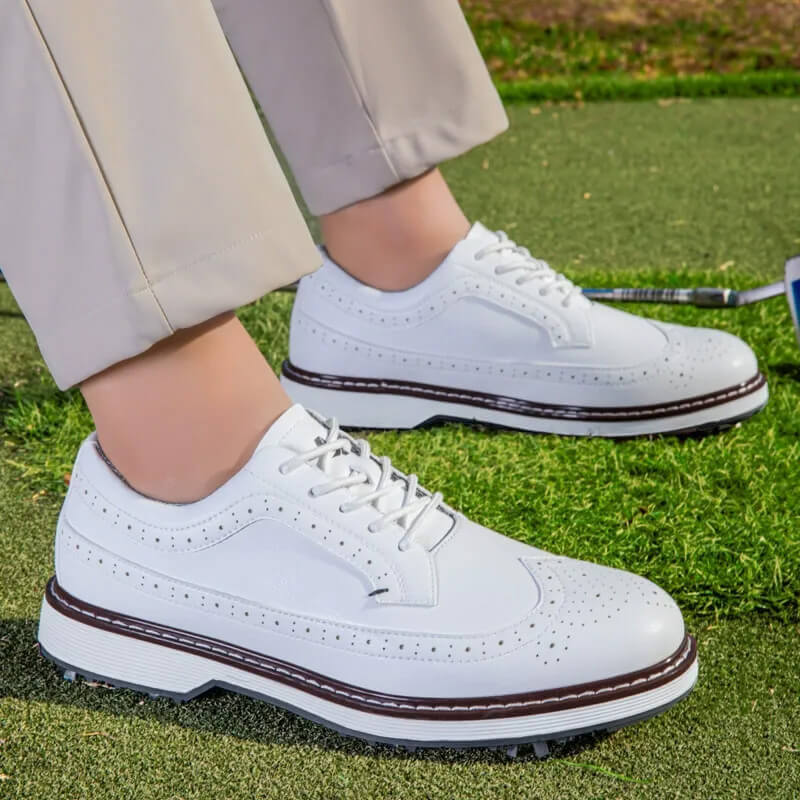 Mevolen Men's Wingtip Spiked Golf Shoes White5