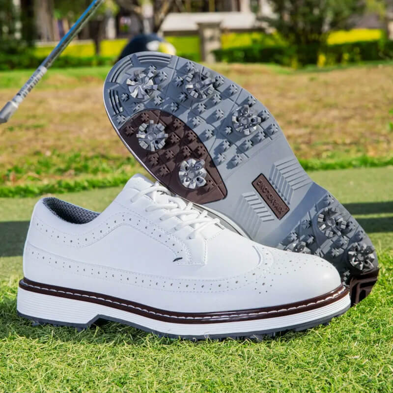 Mevolen Men's Wingtip Spiked Golf Shoes White4