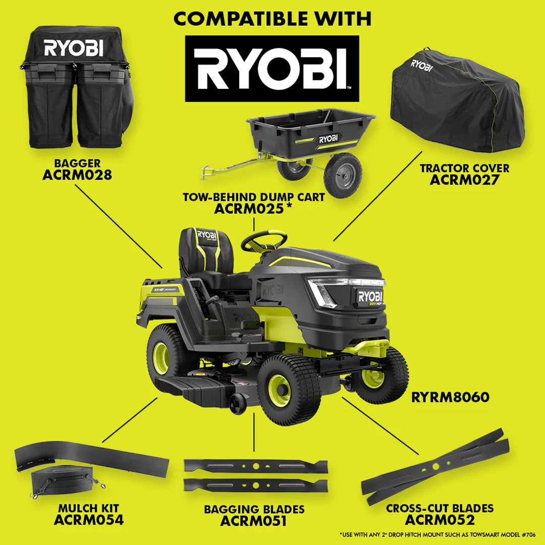 RYOBI 80V HP Brushless 42-in Battery Cordless Electric Riding Lawn Tractor Kit with 3x10Ah Batteries, Hyper Charger - RYRM8060.