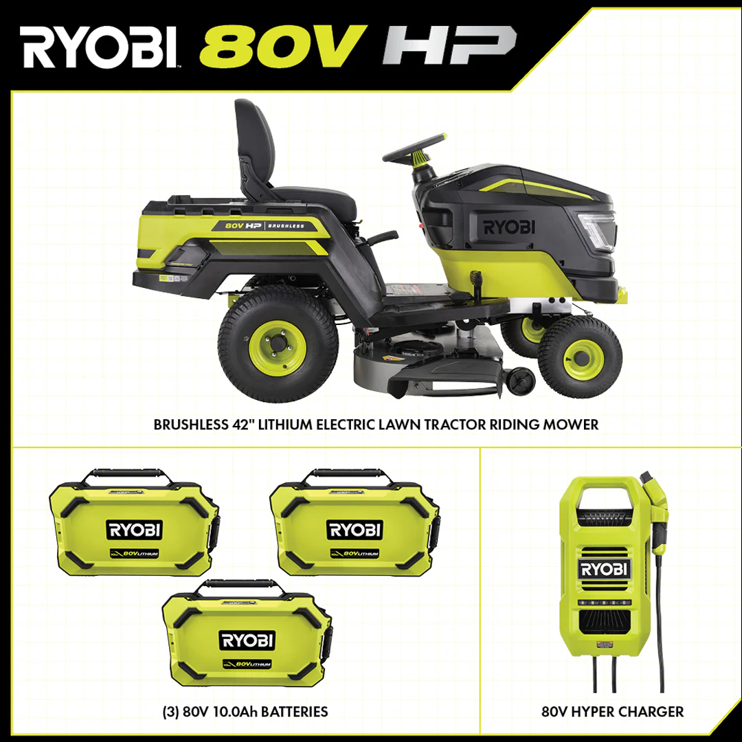 RYOBI 80V HP Brushless 42-in Battery Cordless Electric Riding Lawn Tractor Kit with 3x10Ah Batteries, Hyper Charger - RYRM8060.
