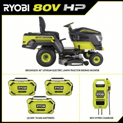 RYOBI 80V HP Brushless 42-in Battery Cordless Electric Riding Lawn Tractor Kit with 3x10Ah Batteries, Hyper Charger - RYRM8060.