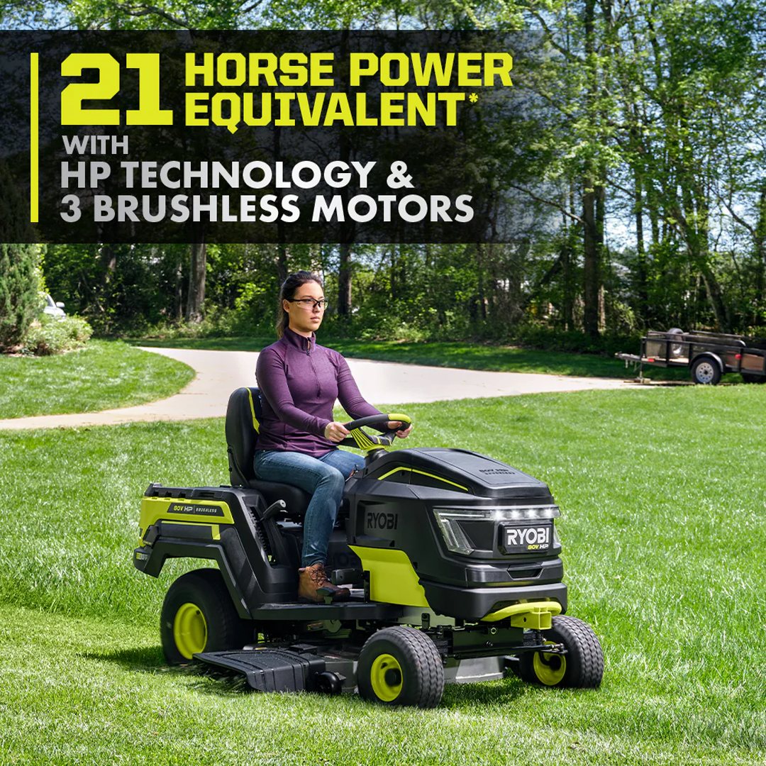 RYOBI 80V HP Brushless 42-in Battery Cordless Electric Riding Lawn Tractor Kit with 3x10Ah Batteries, Hyper Charger - RYRM8060.