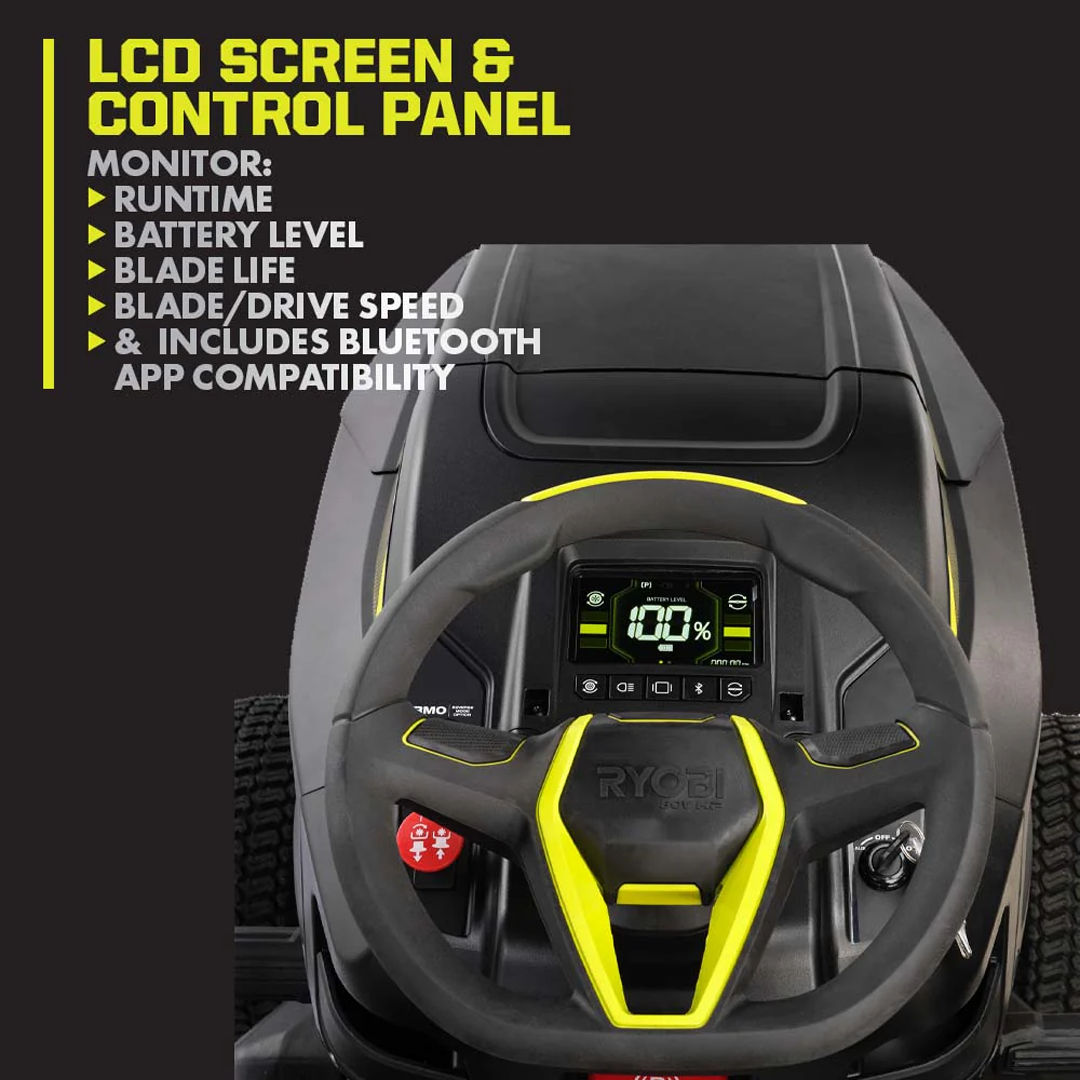 RYOBI 80V HP Brushless 42-in Battery Cordless Electric Riding Lawn Tractor Kit with 3x10Ah Batteries, Hyper Charger - RYRM8060.