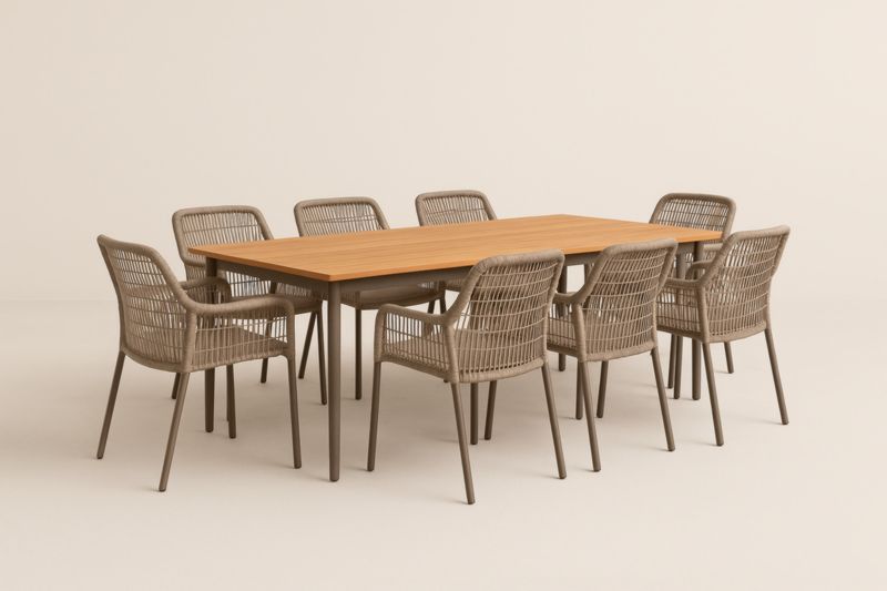 Table rectangulaire en bois avec chaises en corde synthétique-Noravinel