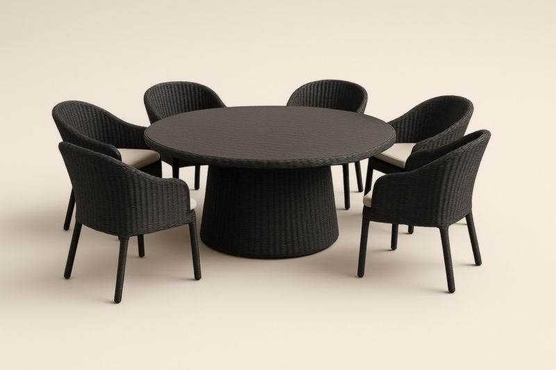 Table ronde de jardin en rotin synthétique noir avec 6 chaises-Noravinel