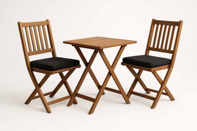 Ensemble de chaises et table pliantes en bois avec coussins noirs-Noravinel