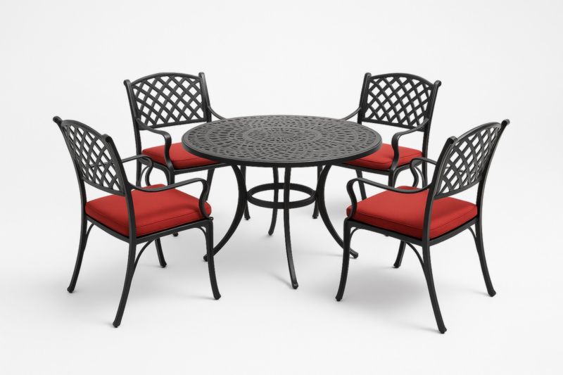 Table ronde et chaises en aluminium noir avec coussins rouges-Noravinel