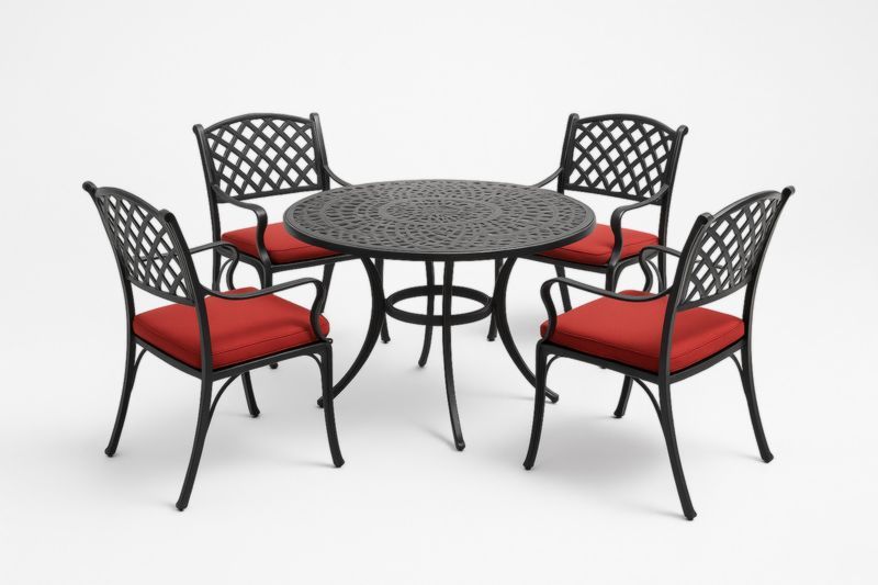 Table ronde et chaises en aluminium noir avec coussins rouges-Noravinel