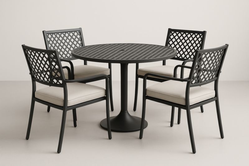 Table ronde et 4 chaises en aluminium noir avec coussins-Noravinel