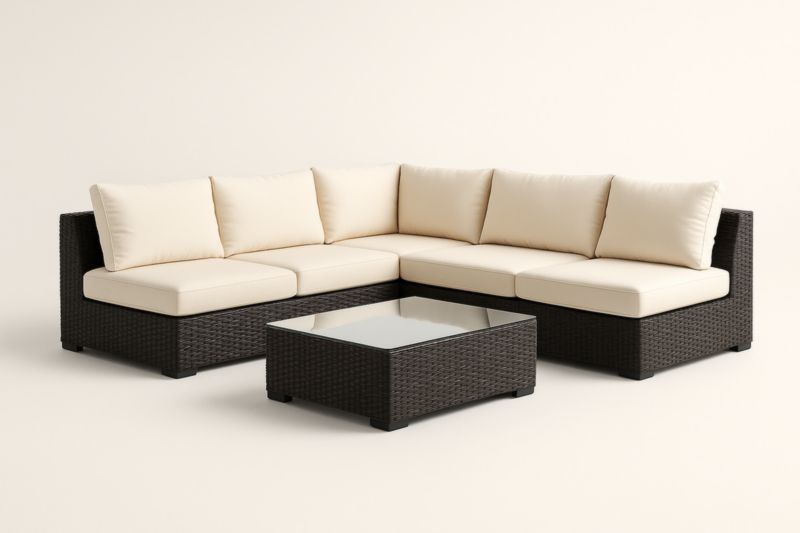 Ensemble de salon d'angle en résine tressée marron avec table basse en verre-Noravinel