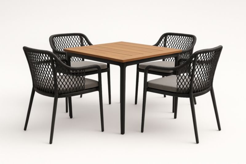 Ensemble de table carrée en bois avec 4 chaises en résine tressée noire-Noravinel