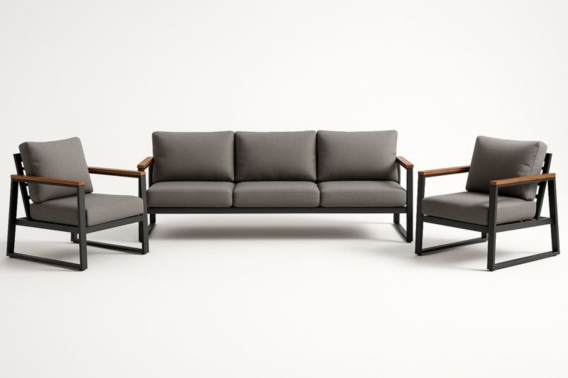 Ensemble de salon extérieur en aluminium et bois avec canapés et fauteuils gris-Noravinel