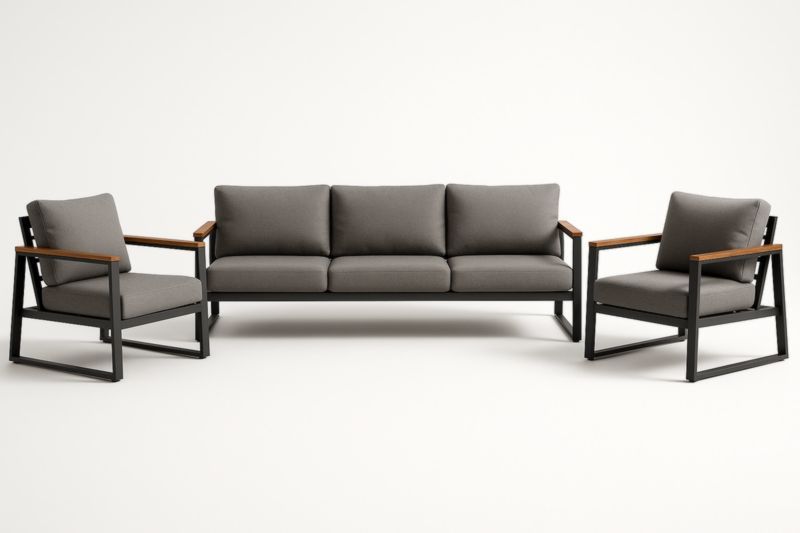 Ensemble de salon extérieur en aluminium et bois avec canapés et fauteuils gris-Noravinel