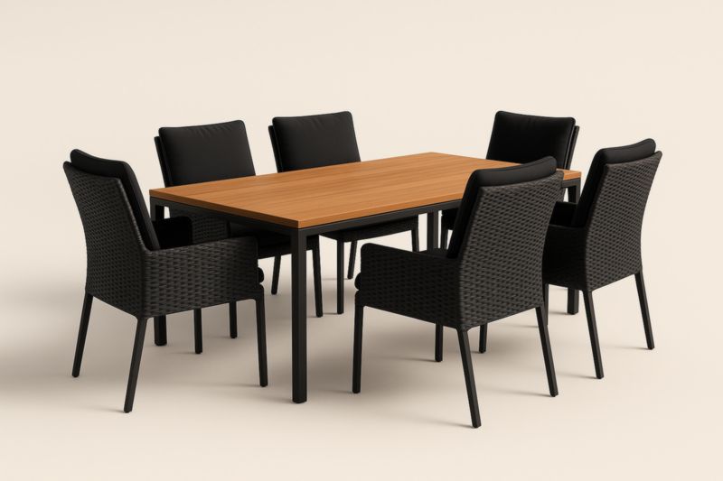 Ensemble de salle à manger extérieur rectangulaire bois et rotin noir-Noravinel