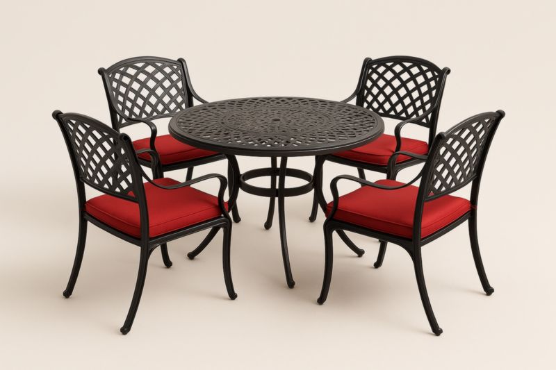 Ensemble de mobilier de jardin en métal noir avec table ronde et chaises à coussins rouges-Noravinel
