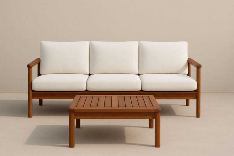 Canapé 3 Places en Bois avec Table Basse et Coussins Blancs-Noravinel