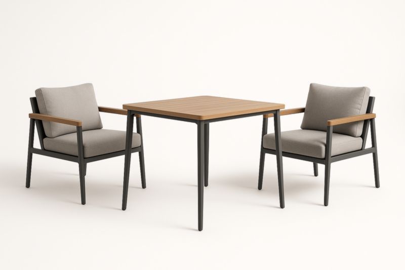 Ensemble table et chaises en bois et métal avec coussins-Noravinel