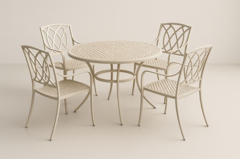 Ensemble table ronde et 4 chaises en aluminium beige pour extérieur-Noravinel