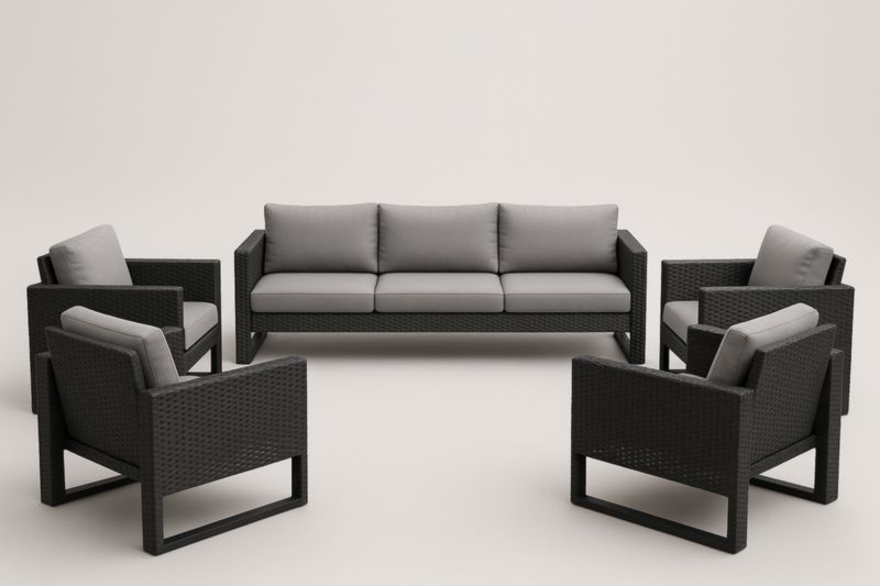 Ensemble de salon de jardin en résine tressée noir avec coussins gris-Noravinel