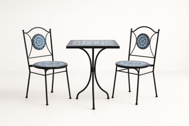 Ensemble de bistro en métal et mosaïque de céramique avec table carrée 60x60 cm et chaises bleues-Noravinel