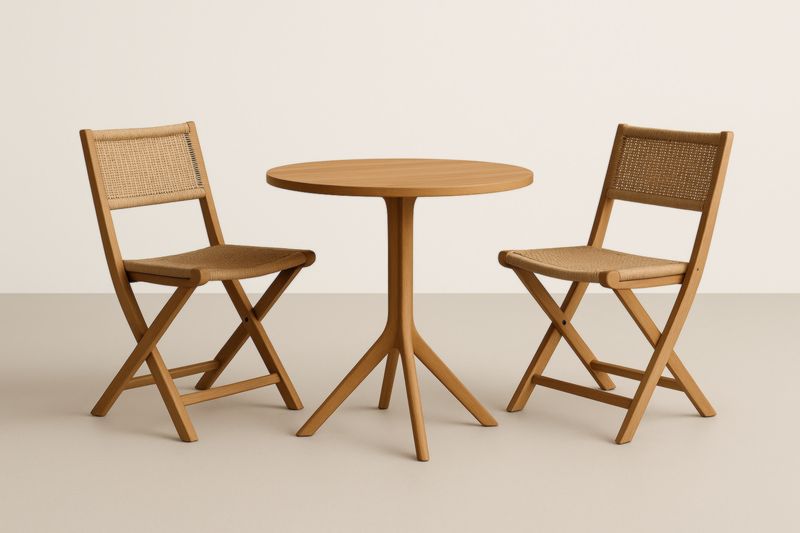 Ensemble table ronde et chaises pliantes en bois et fibre naturelle-Noravinel