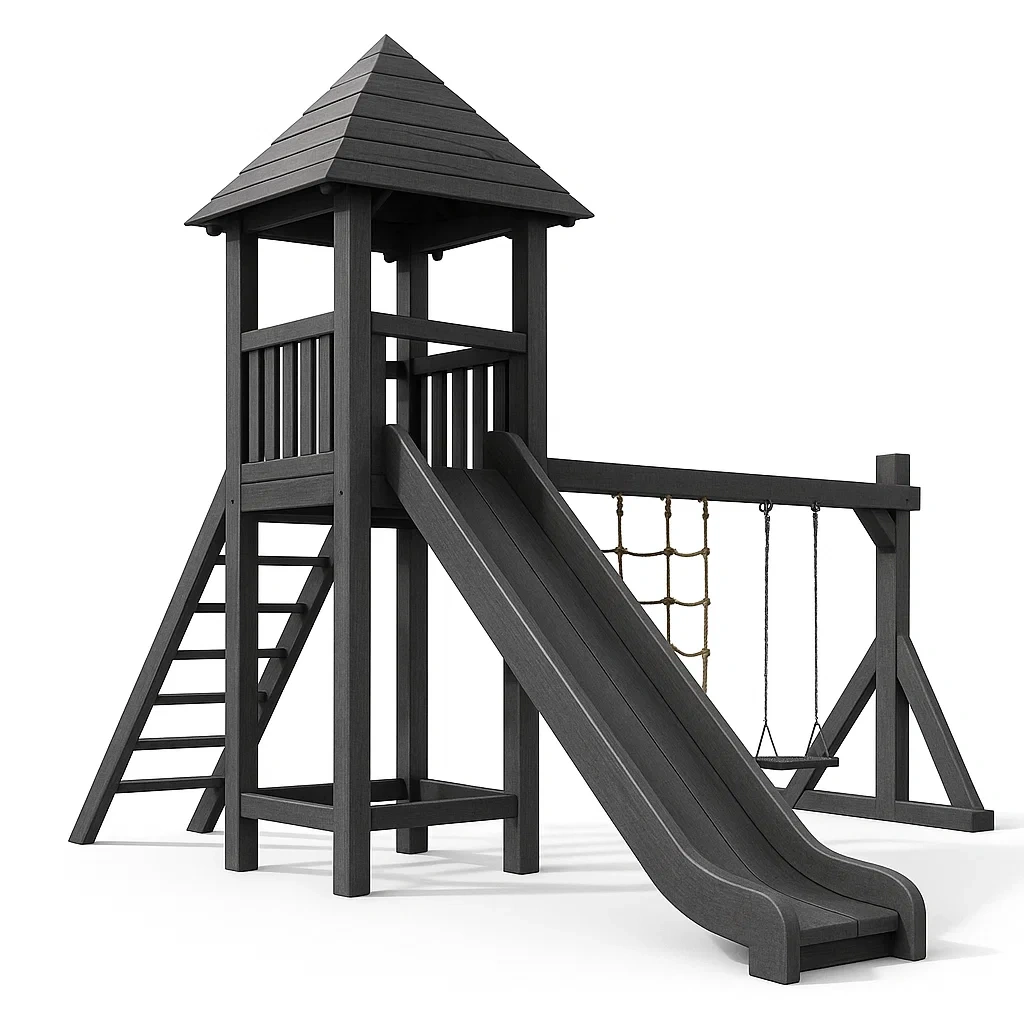 Équipement de jeu en bois composite avec toboggan et balançoire noir-Mobisoro