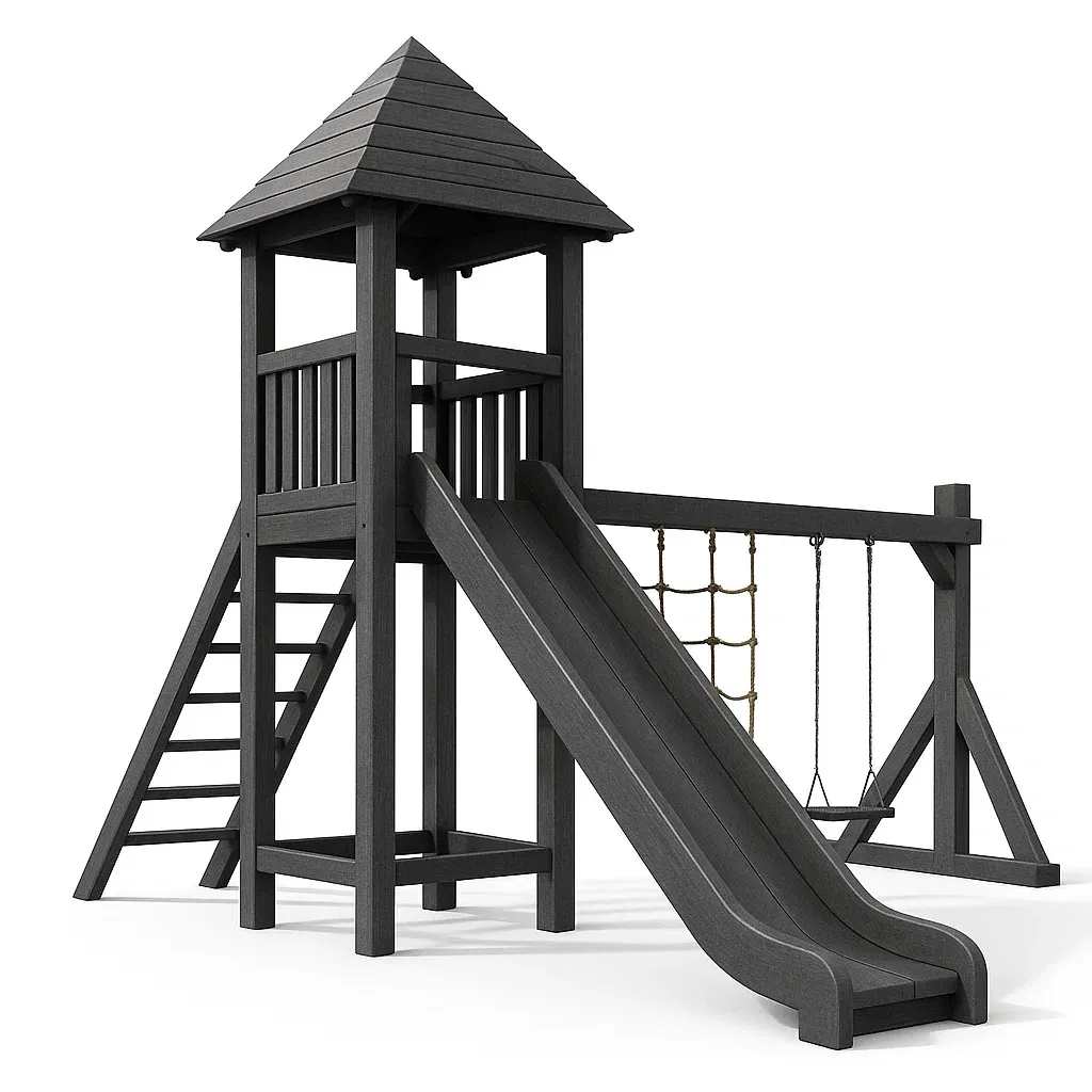 Équipement de jeu en bois composite avec toboggan et balançoire noir-Mobisoro