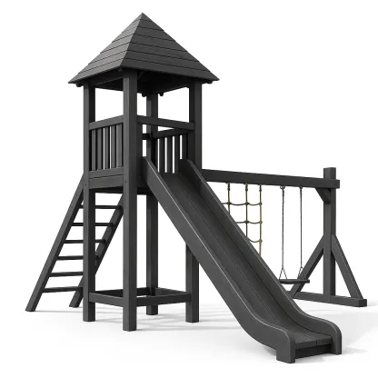 Équipement de jeu en bois composite avec toboggan et balançoire noir-Mobisoro