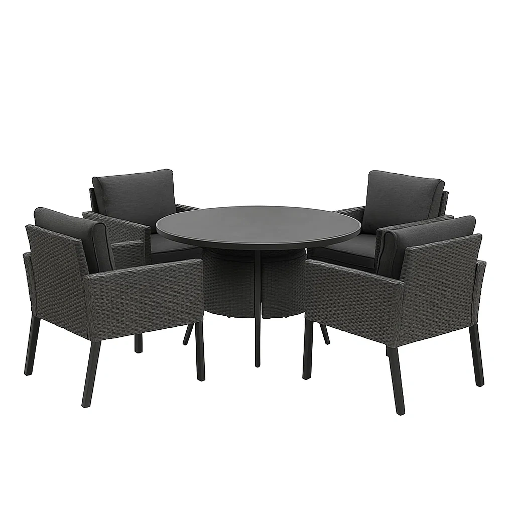 Ensemble repas en résine tressée avec table ronde et 4 fauteuils gris-Mobisoro