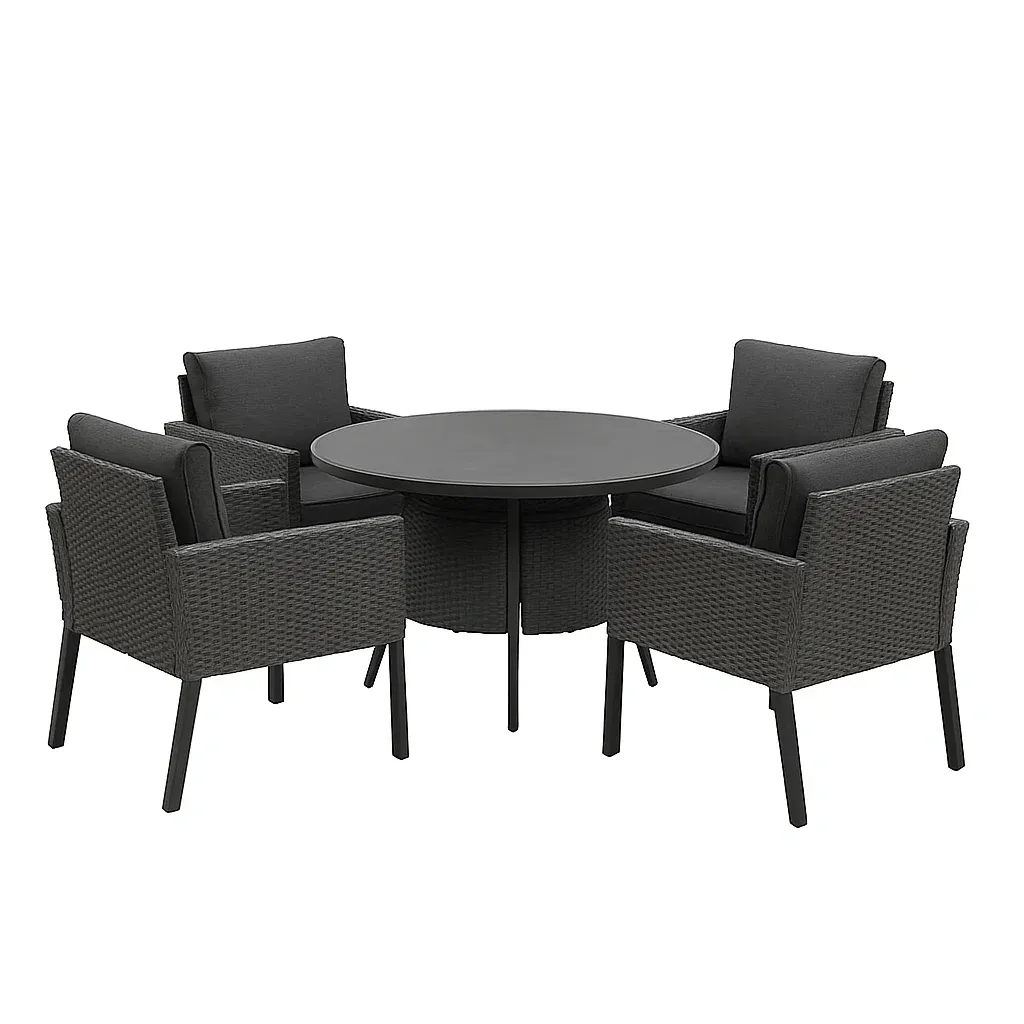 Ensemble repas en résine tressée avec table ronde et 4 fauteuils gris-Mobisoro