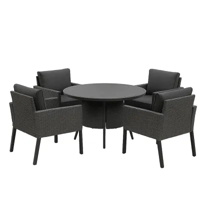 Ensemble repas en résine tressée avec table ronde et 4 fauteuils gris-Mobisoro