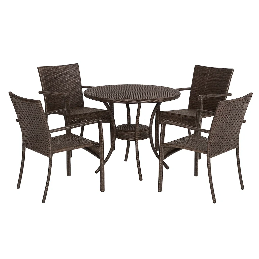 Ensemble repas en résine tressée avec table ronde et 4 chaises marron-Mobisoro