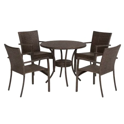 Ensemble repas en résine tressée avec table ronde et 4 chaises marron-Mobisoro