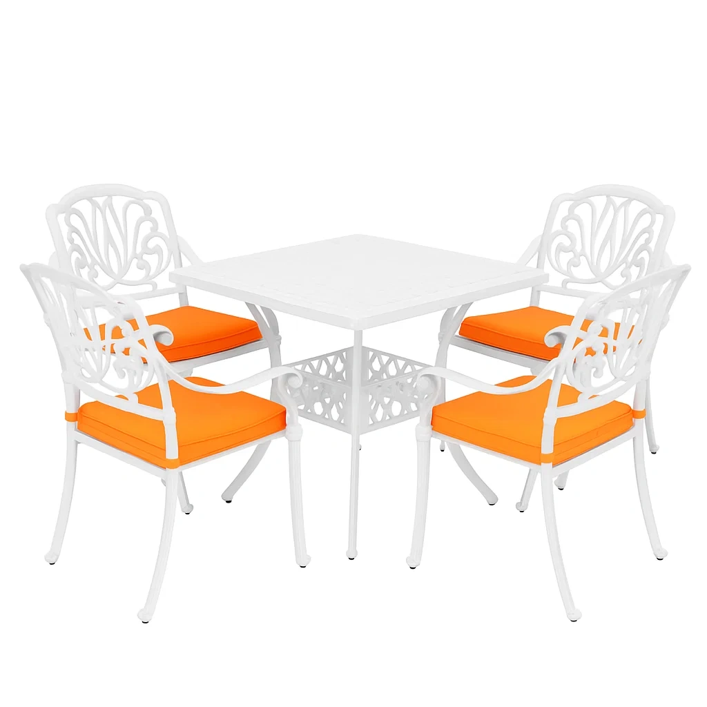 Ensemble repas en aluminium avec table carrée et 4 chaises, coussins orange-Mobisoro