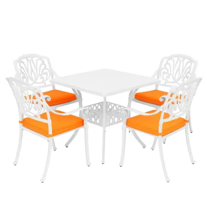 Ensemble repas en aluminium avec table carrée et 4 chaises, coussins orange-Mobisoro