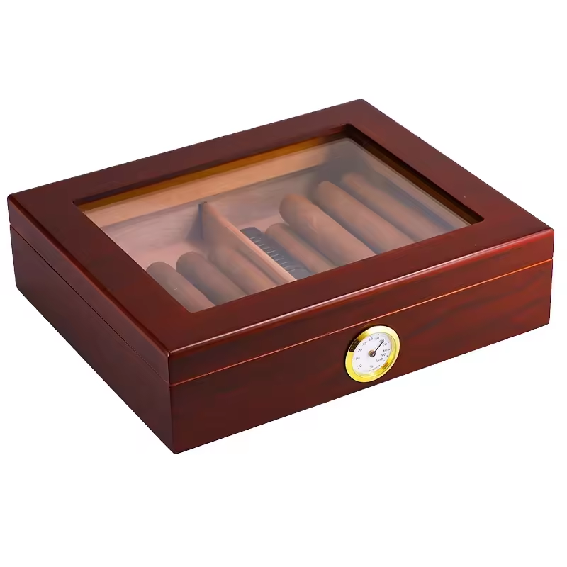 Wooden Cigar Box with Hygrometer and Divider