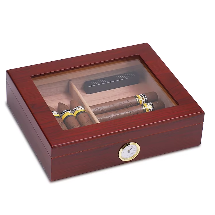 Wooden Cigar Box with Hygrometer and Divider