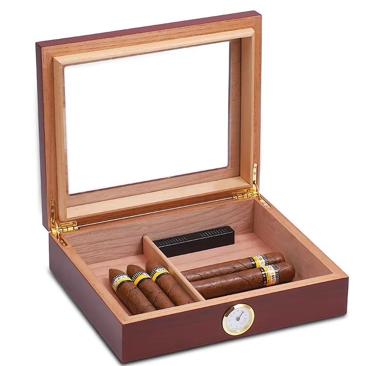 Wooden Cigar Box with Hygrometer and Divider