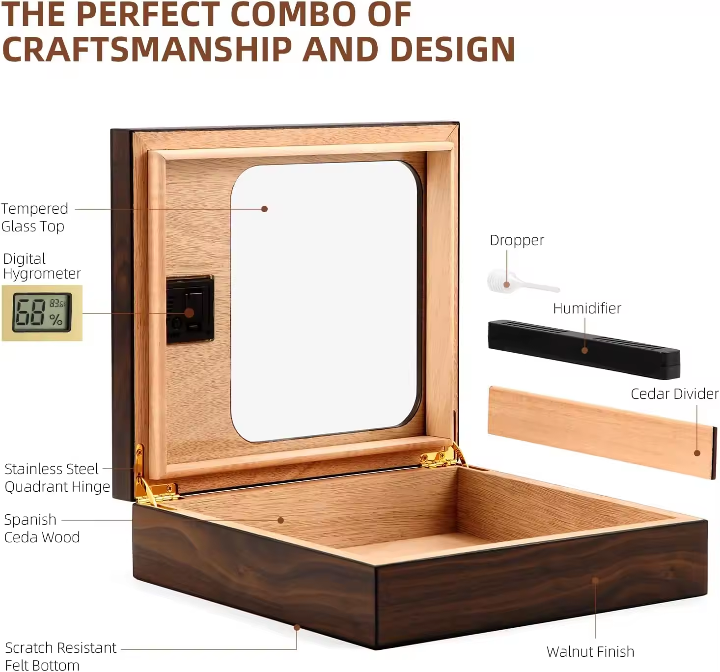 Digital Cigar Humidor Box with Hygrometer and Divider