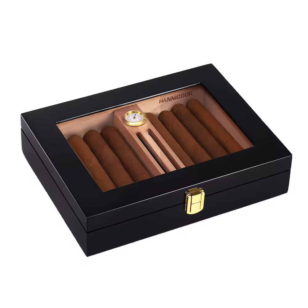 Glass Top Cigar Humidor with Hygrometer – Classic Black Finish