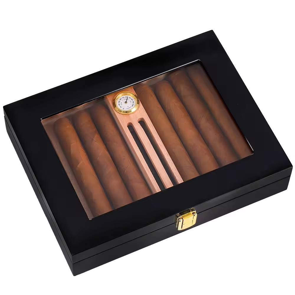 Glass Top Cigar Humidor with Hygrometer – Classic Black Finish