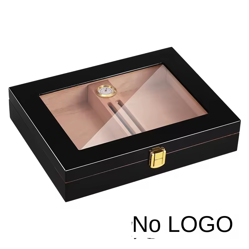 Glass Top Cigar Humidor with Hygrometer – Classic Black Finish