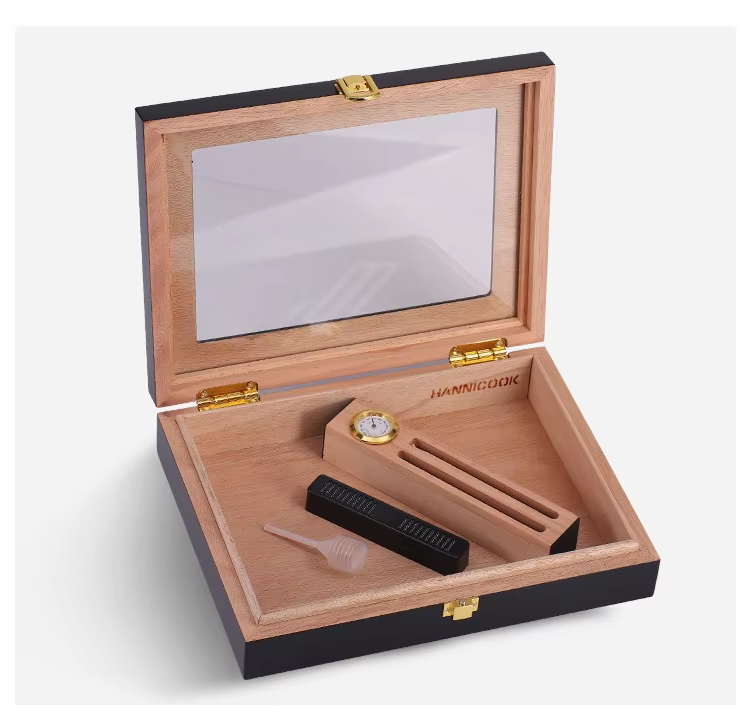 Glass Top Cigar Humidor with Hygrometer – Classic Black Finish