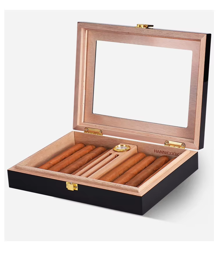 Glass Top Cigar Humidor with Hygrometer – Classic Black Finish