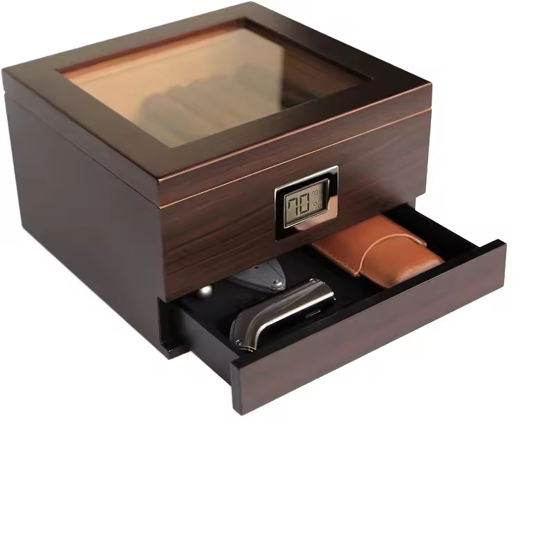 Glass Top Cigar Humidor with Digital Hygrometer – Walnut Finish